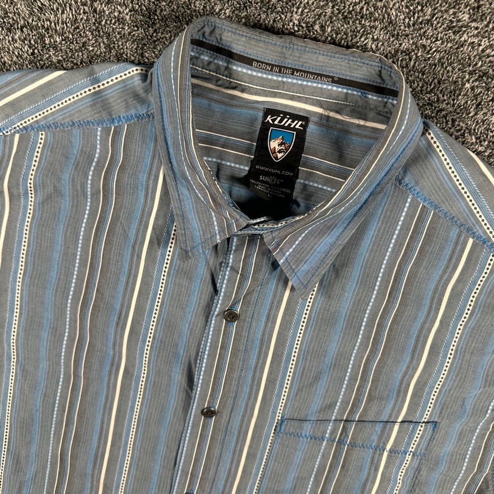 KUHL Shirt Mens L Suncel Blue Gray Striped Short Sleeve Button Down Outdoors